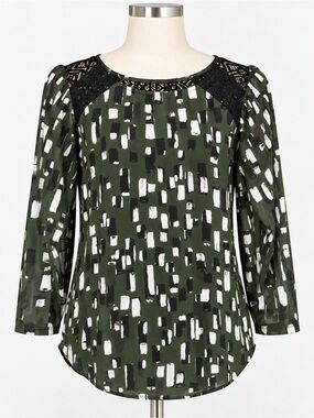 Weston Olive Green Black White Abstract Print Lace Yoke Top Size M
